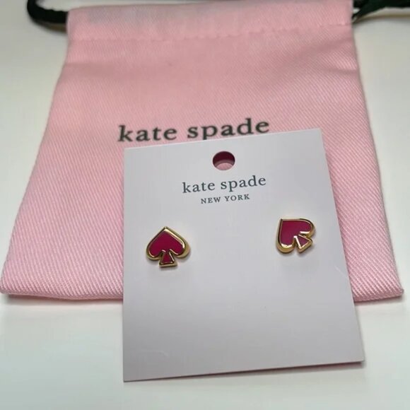 KATE SPADE Bright Rose Enamel Studs Gold Signature Spade Dust Bag Included NWT - Picture 4 of 7